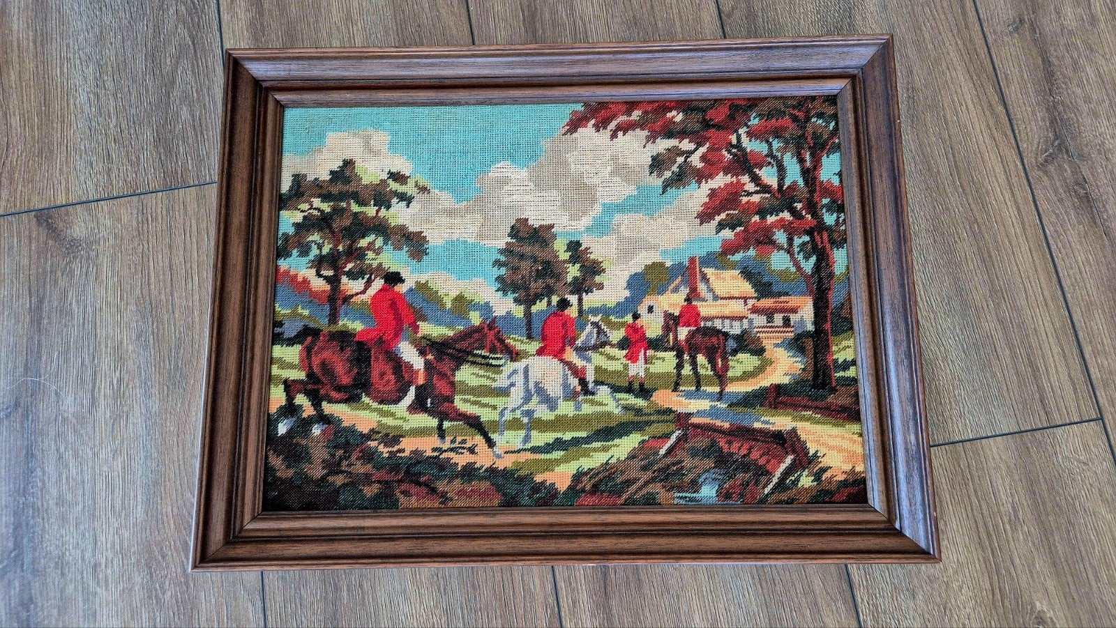 Vintage Tapisserie Jachttafereel - 60x45 cm, Antiek en Kunst, Kunst | Schilderijen | Klassiek, Ophalen, Ingelijst, Overige onderwerpen