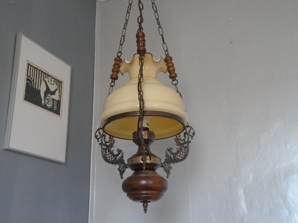 Olielamp achtige hanglamp met glazen(geel kelk 30 x 35 cm), Ophalen, Boerderij, E27 (groot), Zo goed als nieuw
