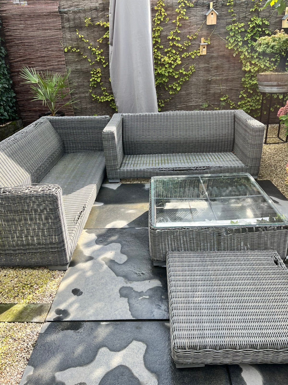 Tuinmeubelen / oud ijzer / glazen tafelblad, Ophalen, Gebruikt, Loungeset, Wicker