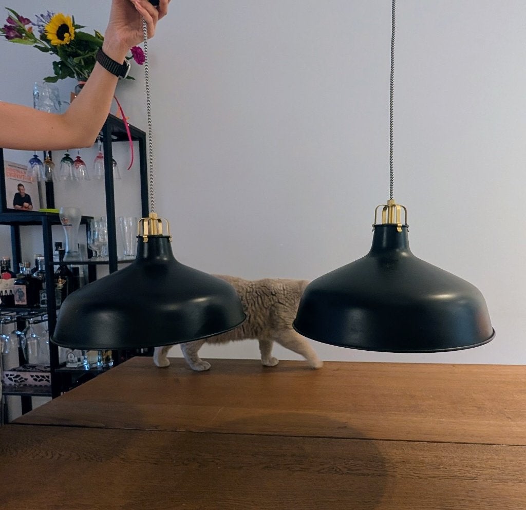 Set of 2 Industrial Metal Pendant Lamps – Adjustable Height, Ophalen, Gebruikt, Metaal