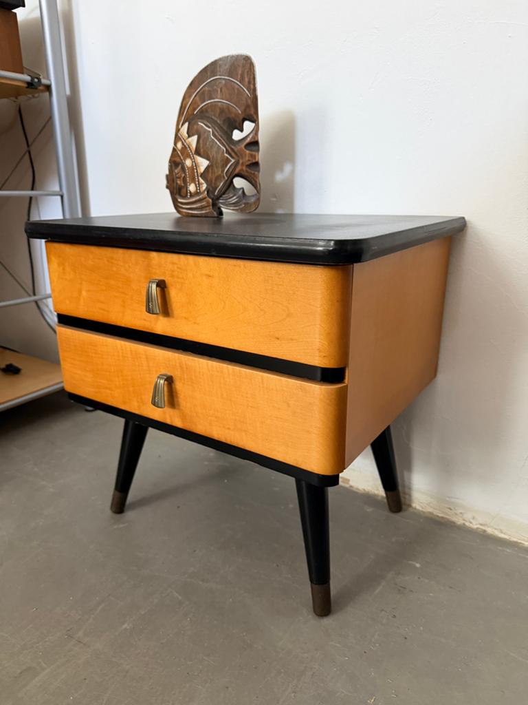 Midcentury nachtkastje, vintage design ladekastje hout, Huis en Inrichting, Kasten | Ladekasten, Ophalen, Minder dan 50 cm, Gebruikt