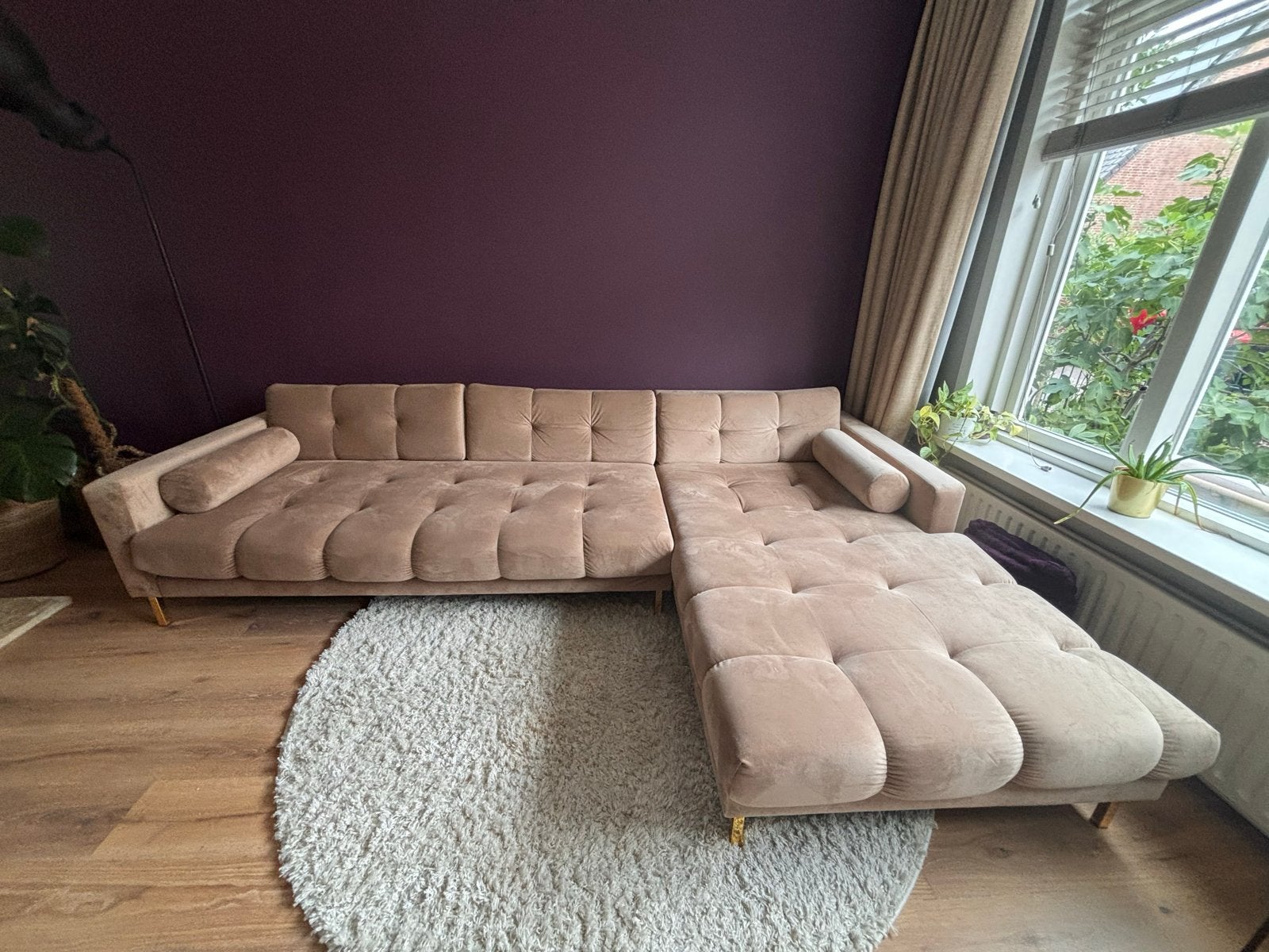 Zo goed als nieuwe bank met chaise longue en gouden pootjes, Ophalen, Zo goed als nieuw, Stof