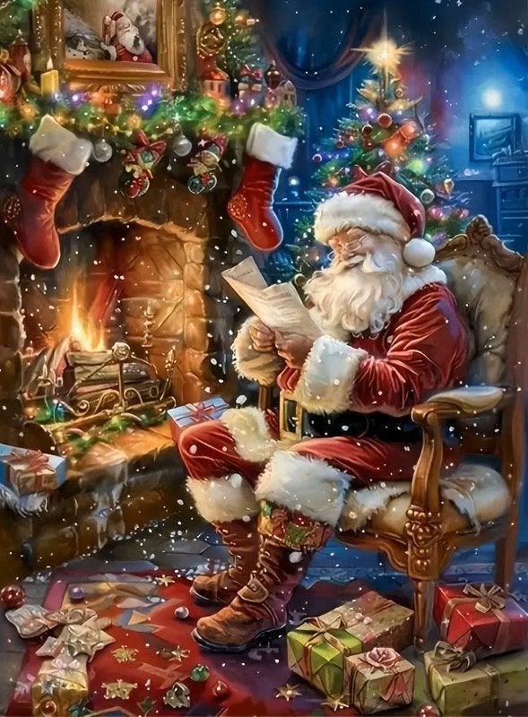 40x30cm Diamond Painting Kerstman (rond) nr 232, Verzenden, Nieuw, Meerkleurig, Overige materialen