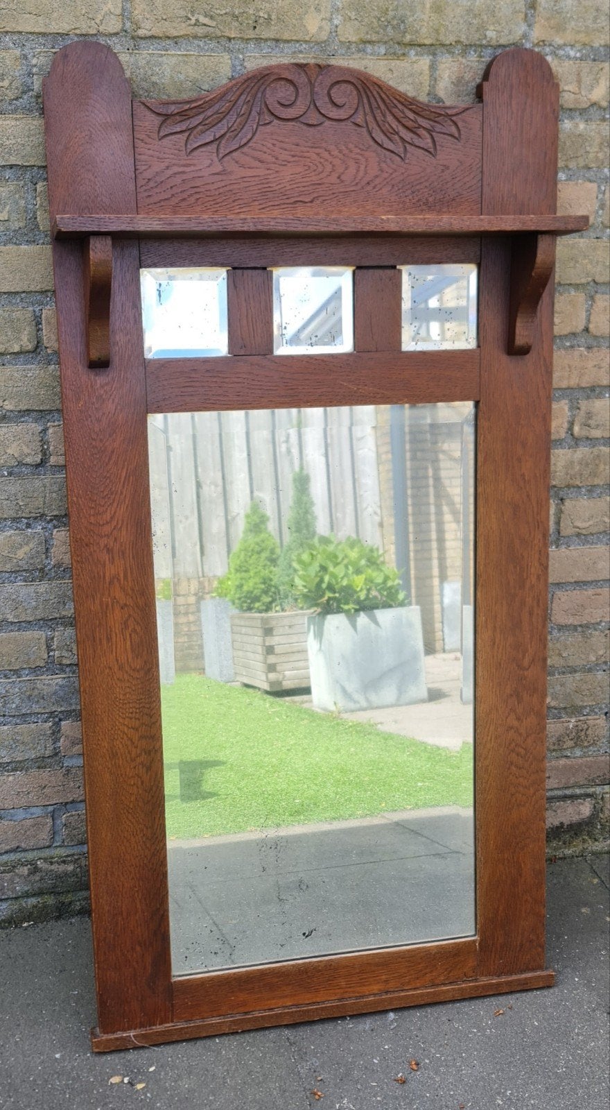 Antieke Houten Spiegel met facetrand, Ophalen, Rechthoekig, 50 tot 100 cm, 100 tot 150 cm
