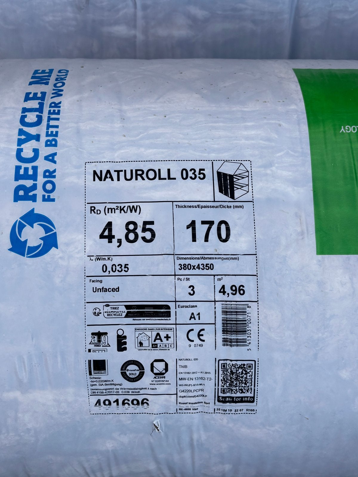 Knauf Naturoll 035 Glaswol isolatie - 2 rollen, Ophalen, 12 cm of meer, Nieuw, 5 tot 10 m²