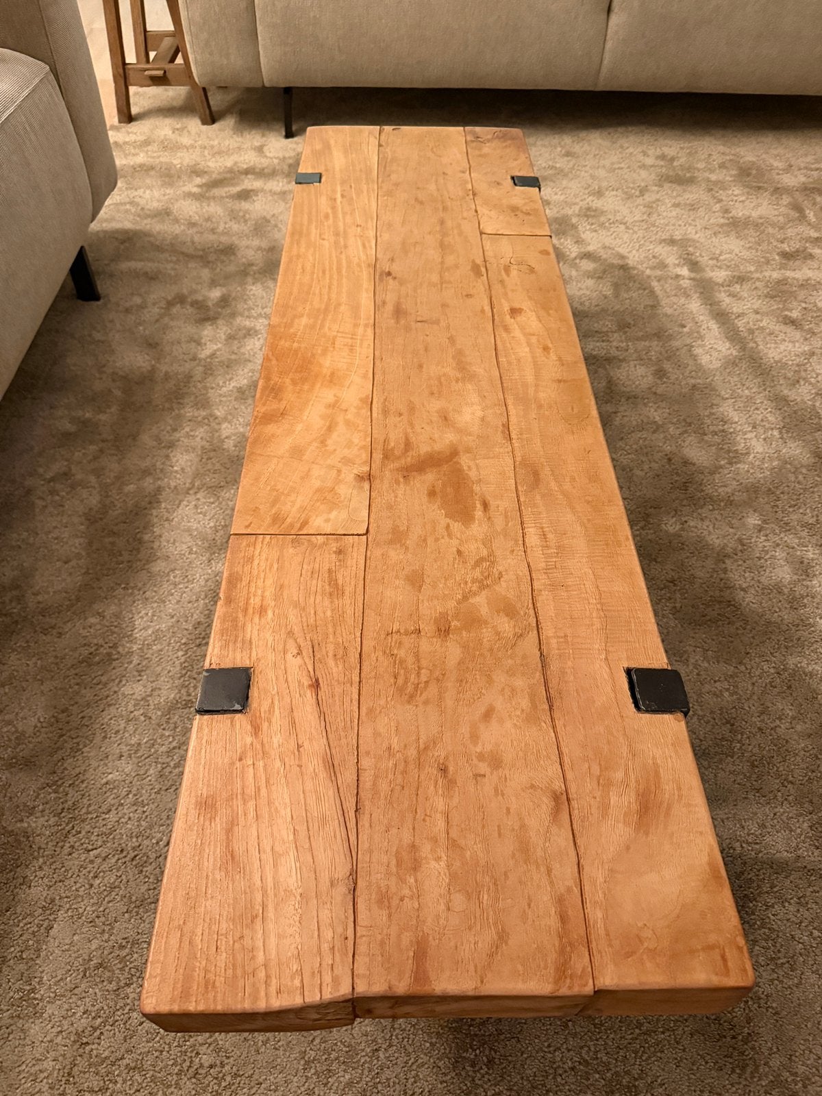Stoere salontafel van robuust mangohout en stalen poten, Huis en Inrichting, Tafels | Salontafels, Gebruikt, 5 – 50, Minder dan 50 cm