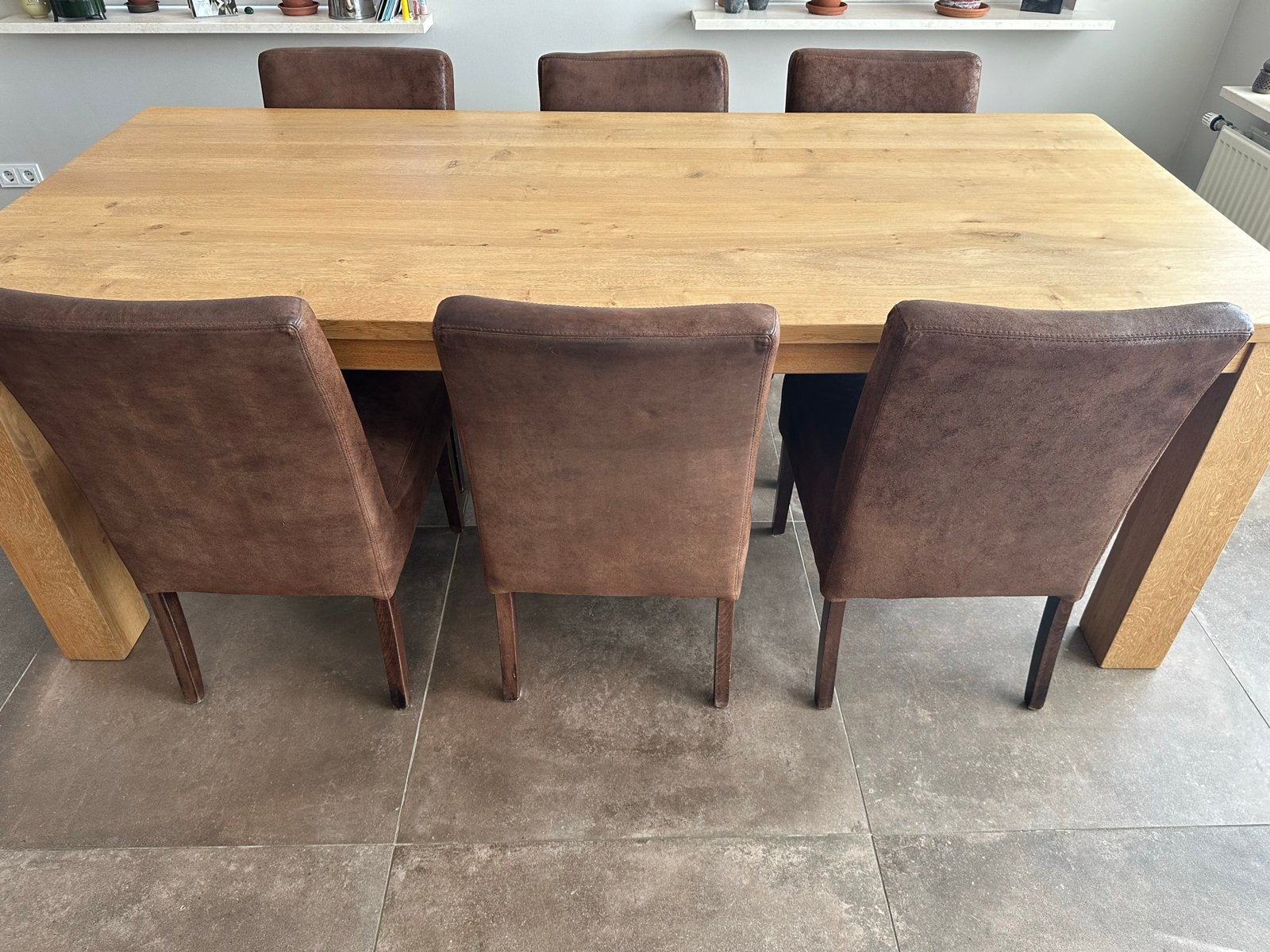 Set van 6 bruine eetkamerstoelen, Huis en Inrichting, Stoelen, Ophalen, Gebruikt, Bruin, Stof