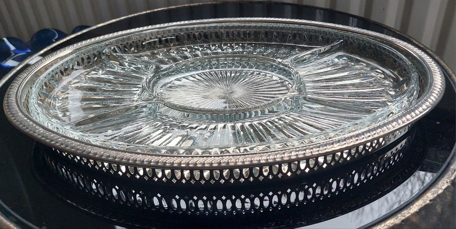 Vintage ovale verzilverde serveerschaal., Ophalen of Verzenden, Rond, Glas
