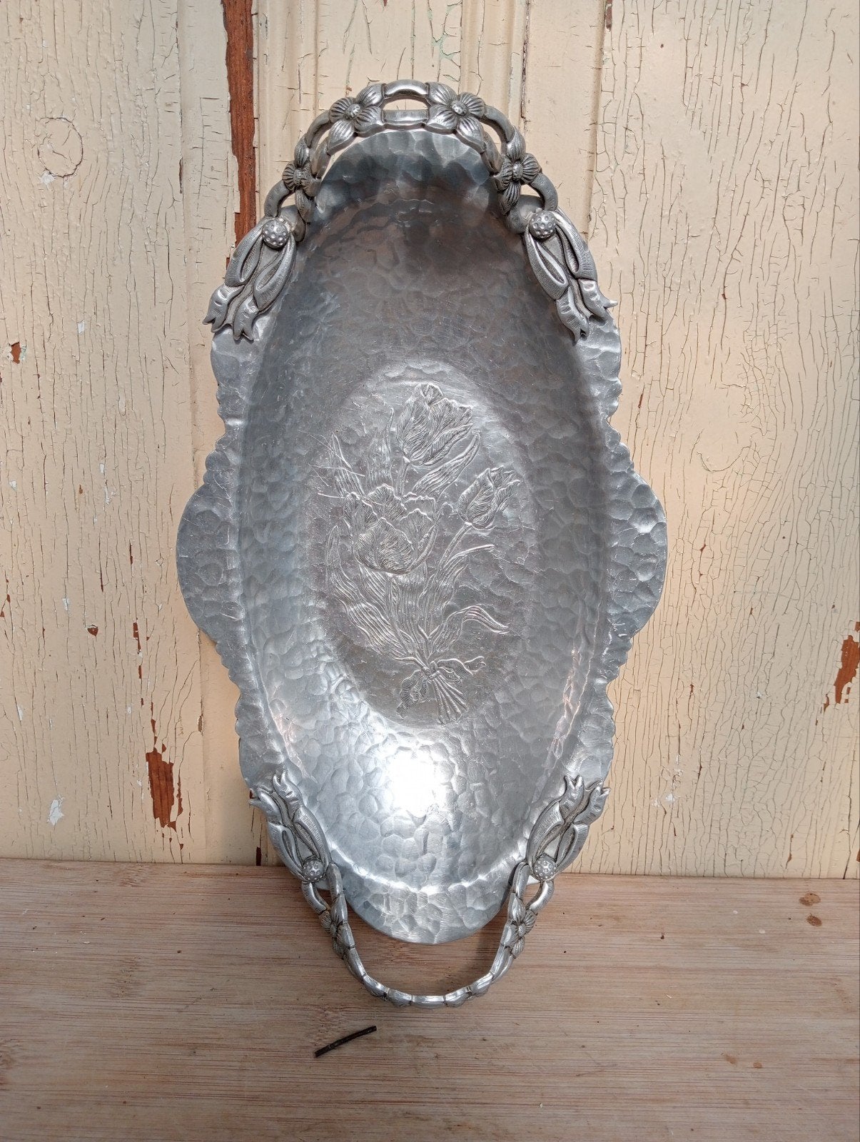 Vintage gehamerde aluminium schaal met handvatten, Ophalen of Verzenden