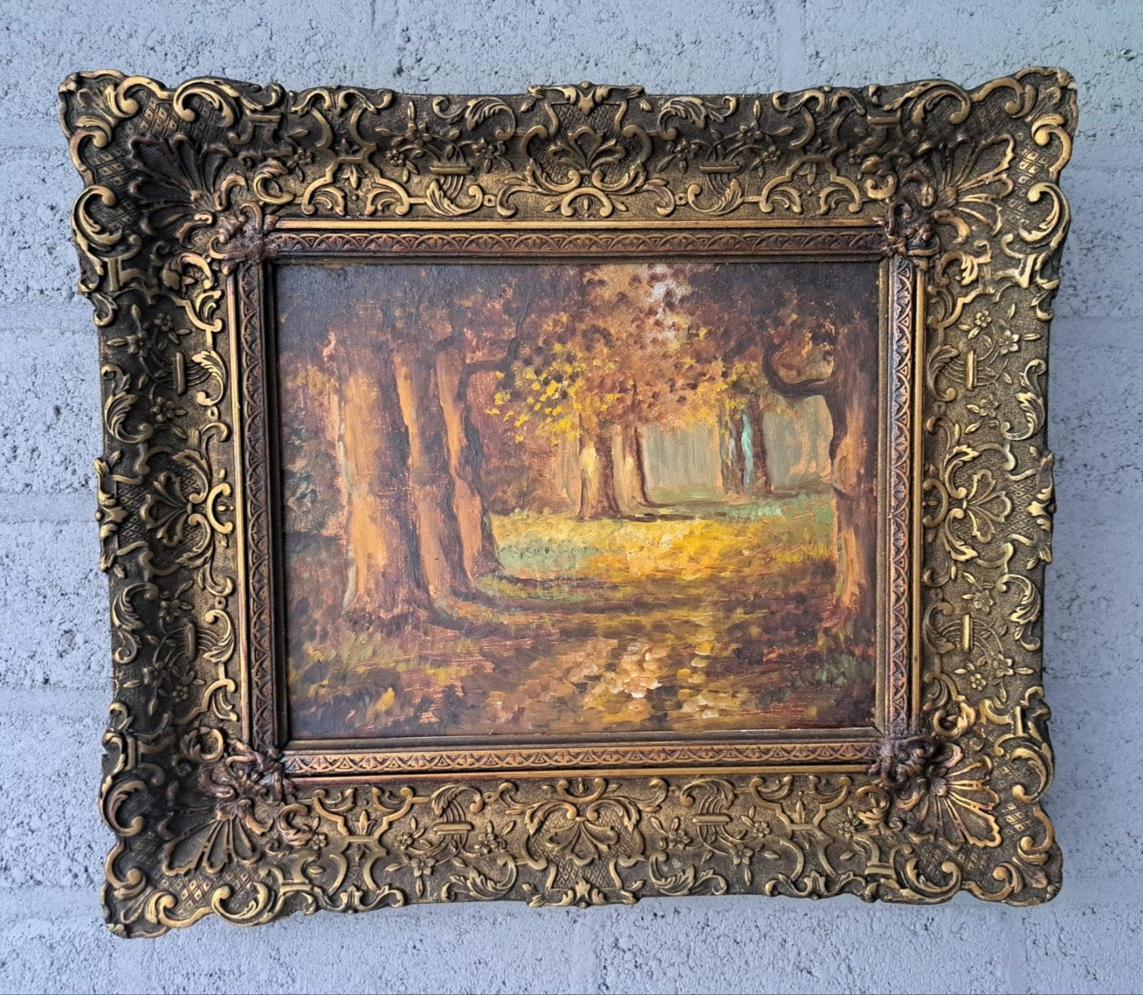 Olieverfschilderij Herfstbos met Gouden Lijst, Doek, Ophalen of Verzenden, Origineel werk, Landschap