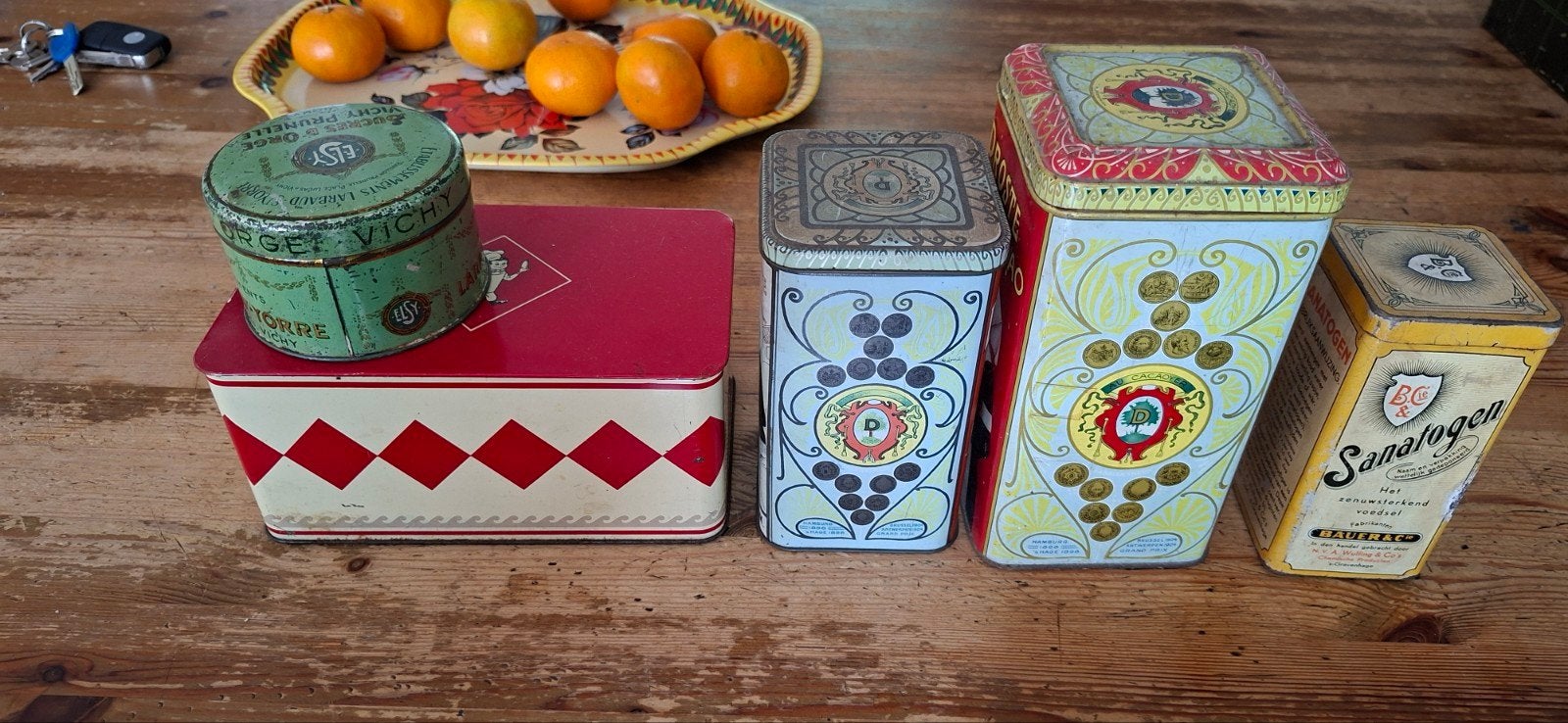 Set van 5 Vintage Blikken - Decoratieve Opbergers, Antiek en Kunst, Ophalen of Verzenden