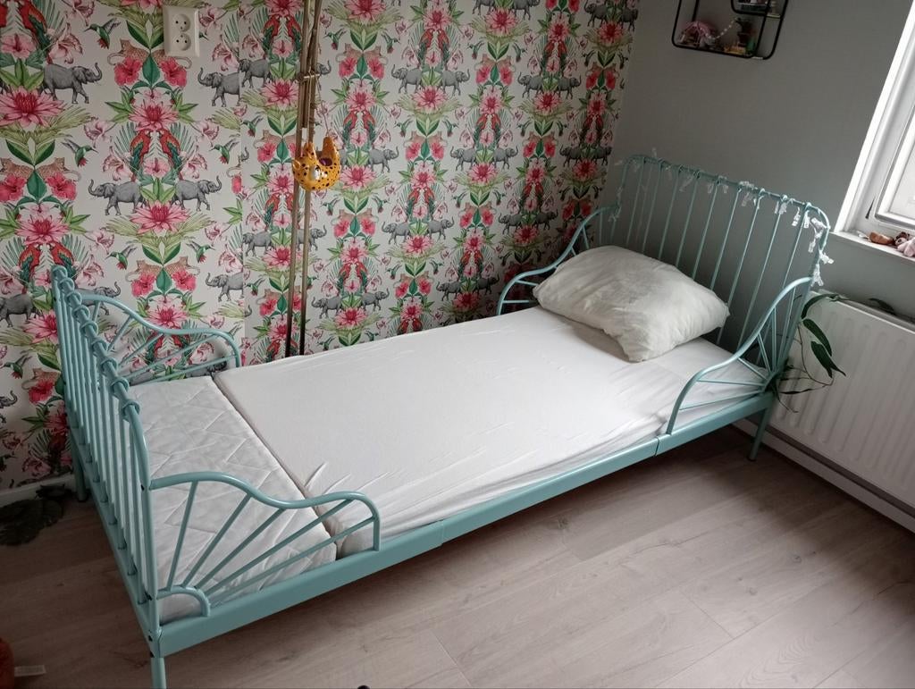 Ikea Minnen meegroeibed mintgroen met matras, Ophalen, 180 cm of meer, 70 tot 85 cm, Lattenbodem
