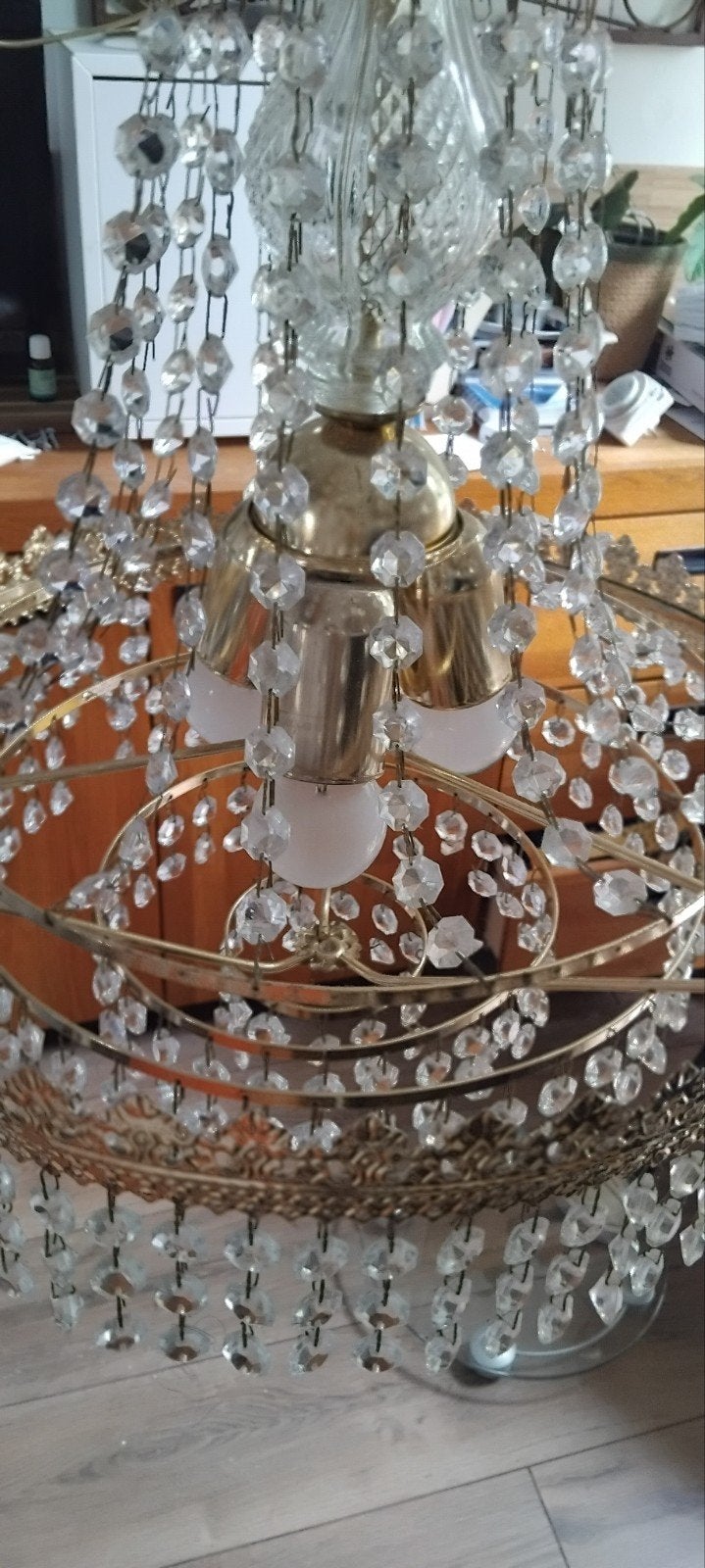 Gouden Kroonluchter met Kristallen, Gebruikt, Klassiek, Glamour, E14 (klein), Ophalen of Verzenden