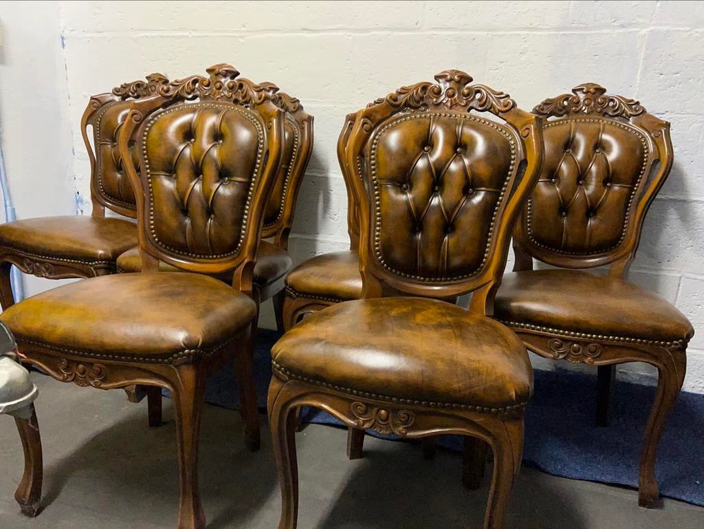 6 Chesterfield Barok Lederen Eetkamerstoelen, Antiek en Kunst, Ophalen
