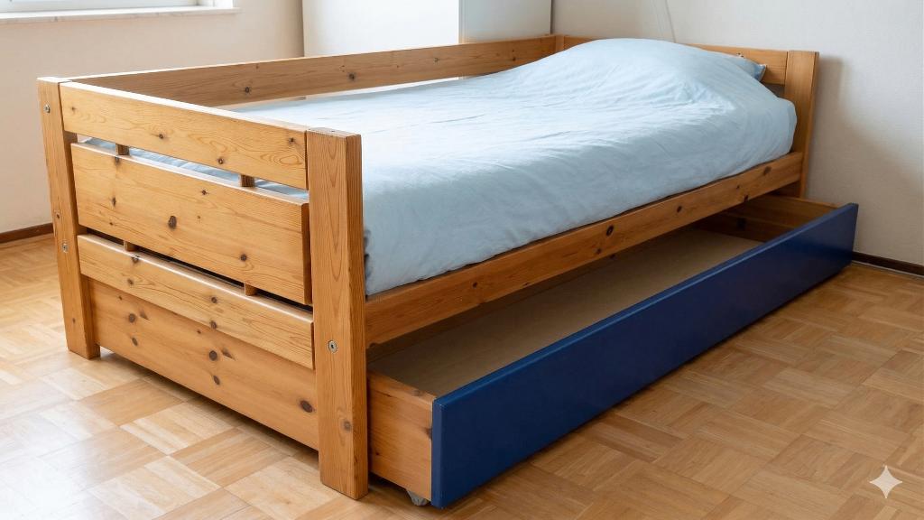 FLEXA Eenpersoonsbed – Massief Grenen – Incl. Matras & Lade, Ophalen, Gebruikt, 90 cm, Scandinavisch