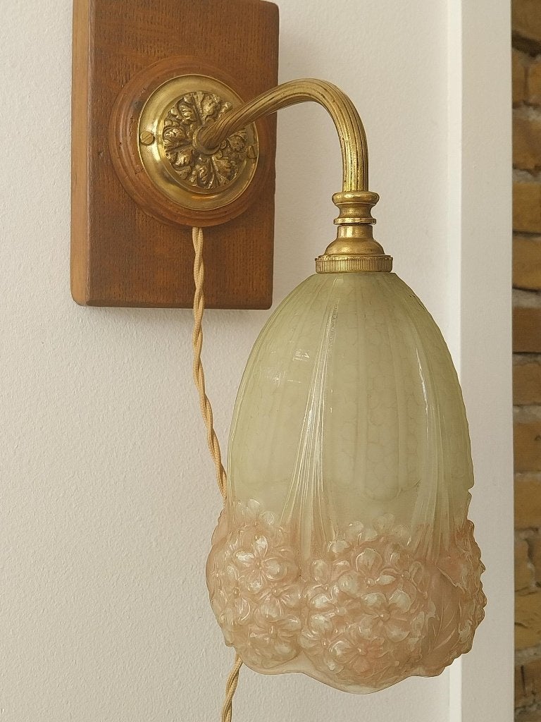 Gesigneerde roze Frères Muller Art Deco wandlamp, Ophalen of Verzenden