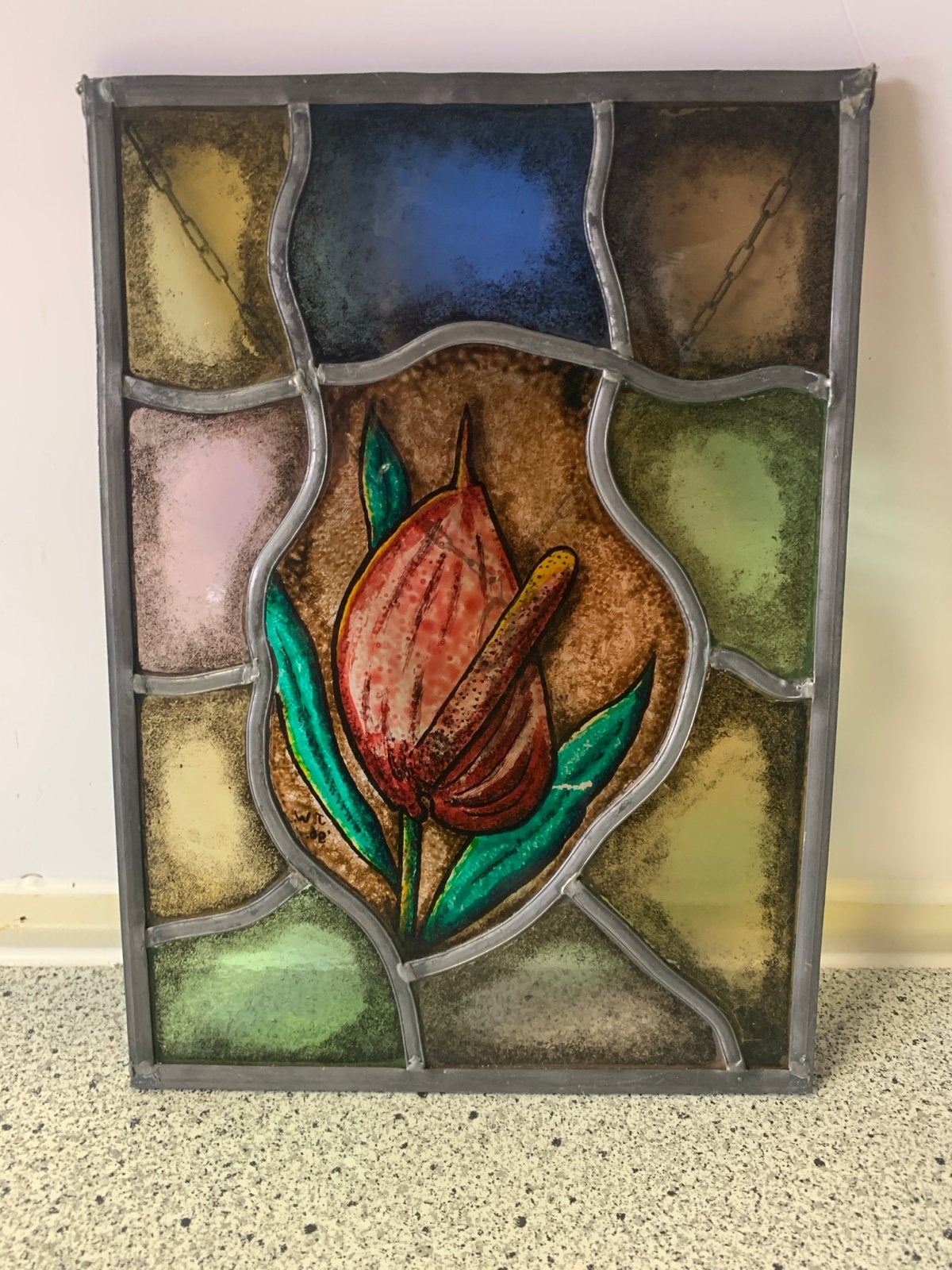 Glas in lood hanger met gebrandschilderde bloem, Ophalen of Verzenden