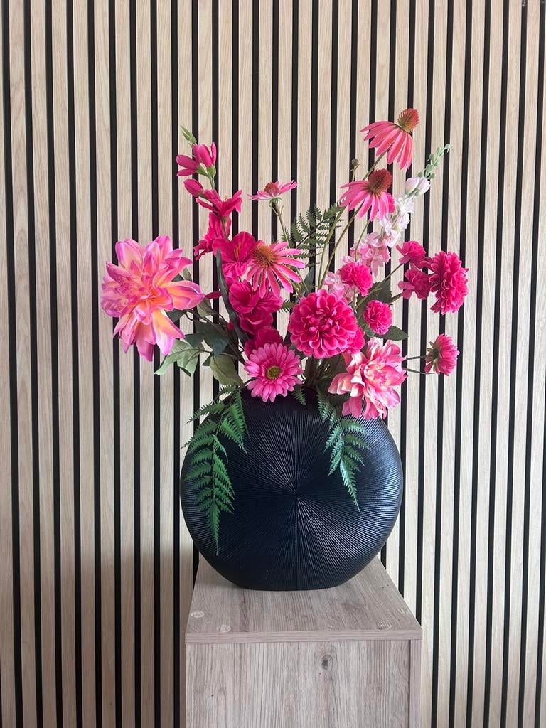 Kunstbloemen set met zwarte platte vaas, Ophalen of Verzenden, Nieuw