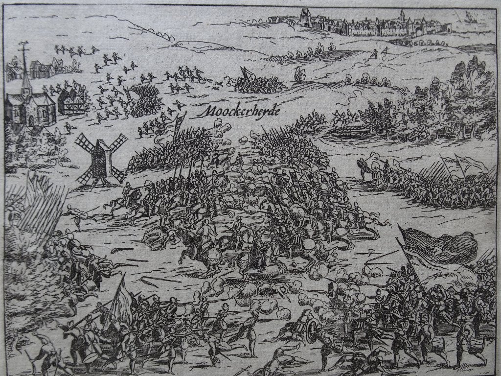 gravure Slag om Mookerheide Mook Limburg Baudartius ca 1612, Militair, Gravure, Origineel, 1600 - 1699