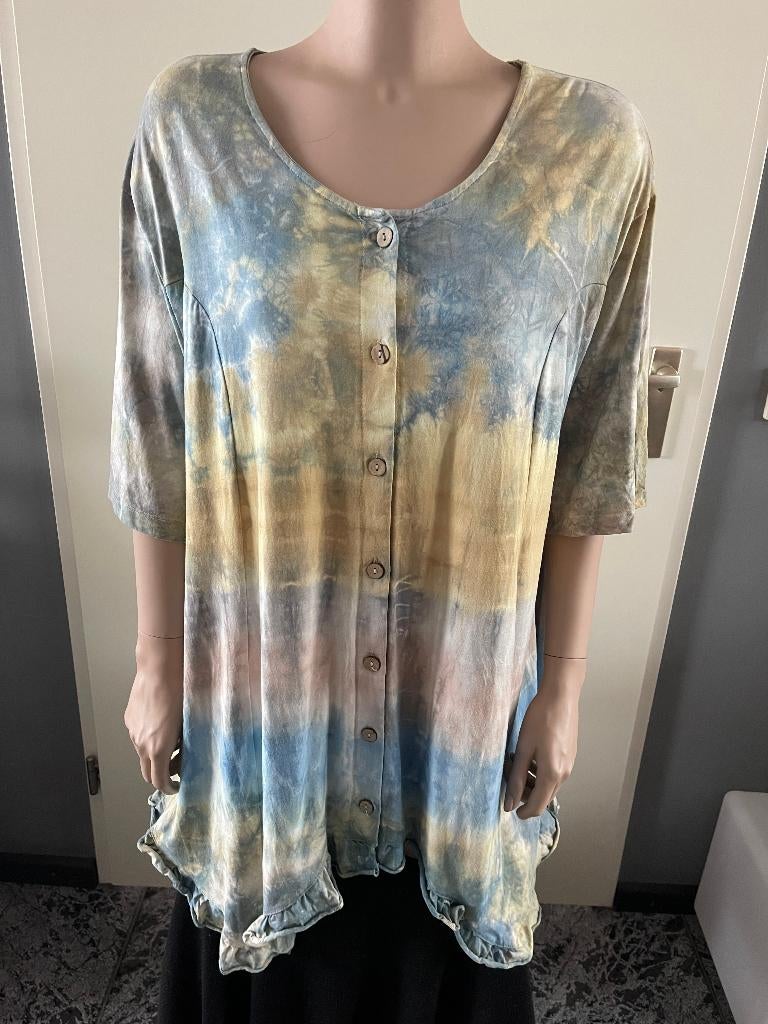 ZGAN Doorknoop shirt van ThombiQ, blauw/geel/beige, mt 46/48, Kleding | Dames, Thombiq, Blauw, Maat 46/48 (XL) of groter, Ophalen of Verzenden
