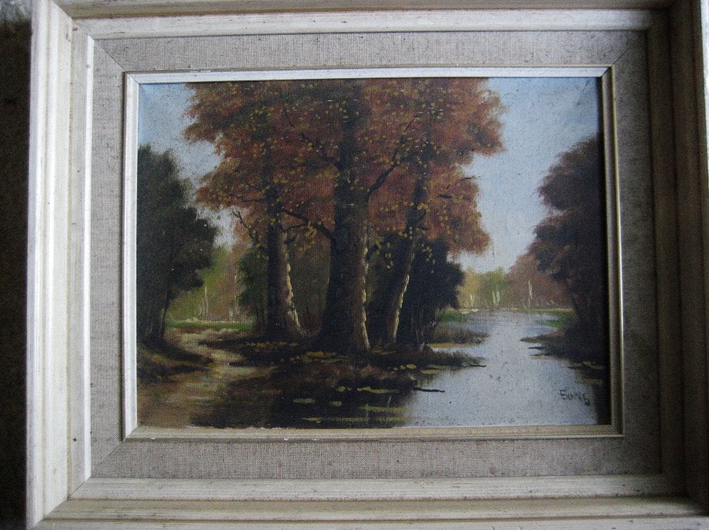 BOSGEZICHT MET WATER op linnen 53x43 cm in lijst gesigneerd, Origineel werk, Doek, Oud hollands, Ophalen of Verzenden