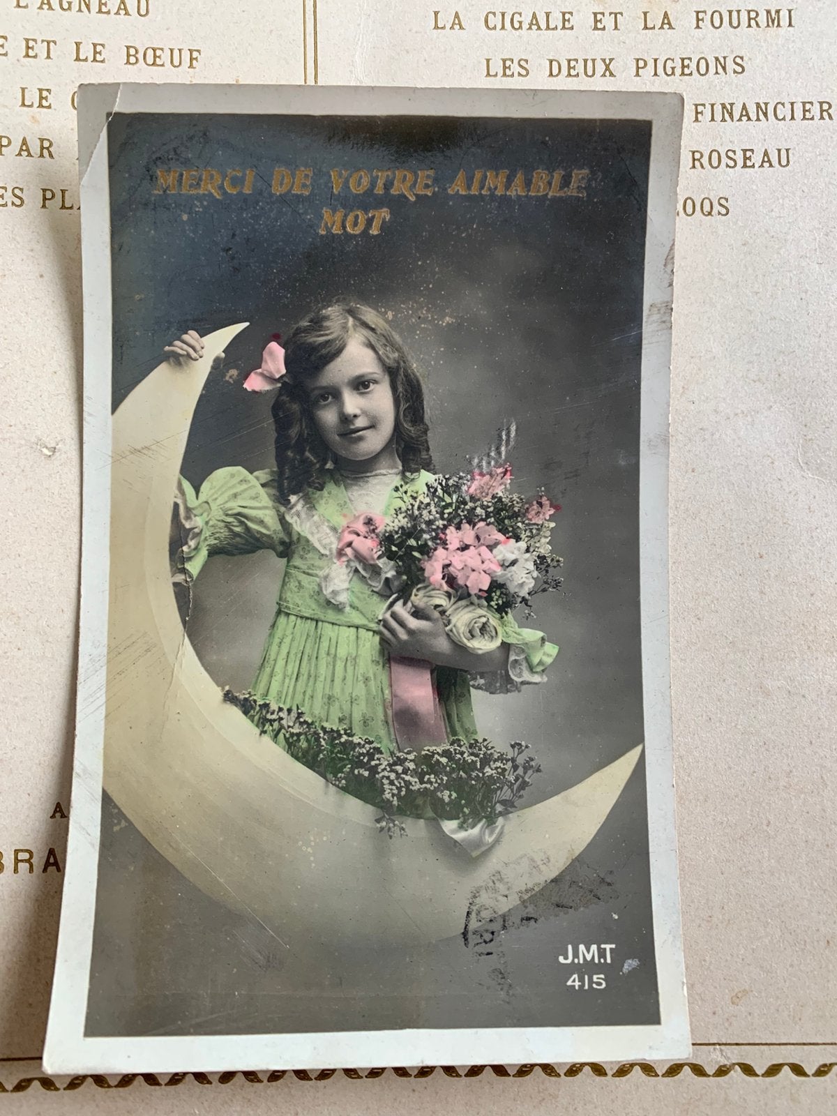Merci de votre aimable mot - Meisje met halve maan (VA), Verzamelen, Ophalen of Verzenden, Voor 1920, Gelopen, Kinderen