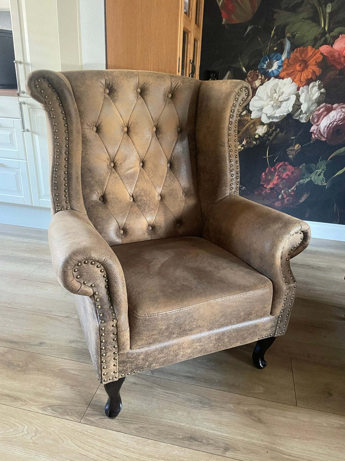 Stof Chesterfield fauteuil - Zo goed als nieuw, Huis en Inrichting, 100 tot 125 cm, Ophalen of Verzenden, Zo goed als nieuw, Stof