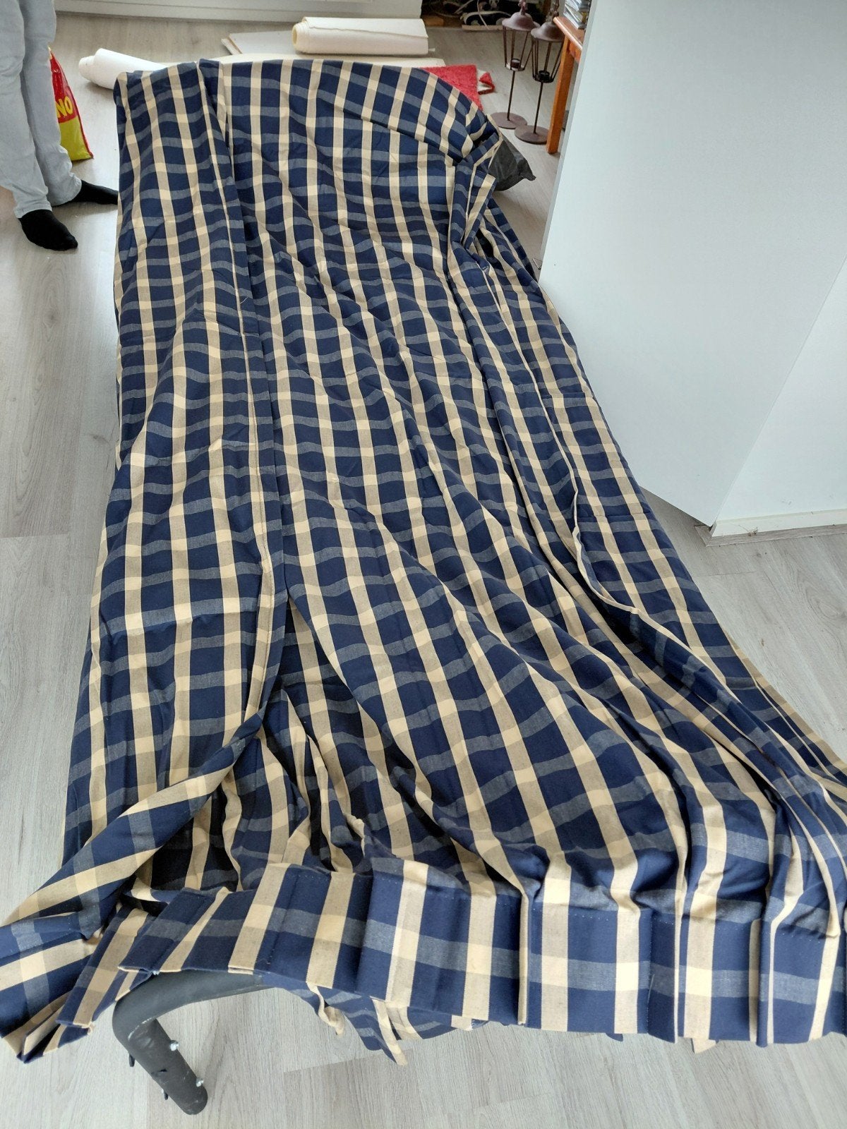 Geruite gordijnen blauw/beige met plooiafwerking, Gebruikt, Overige merken, Blauw, Ophalen of Verzenden