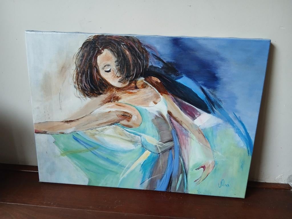 Schilderij: Vrouw in blauw/groene tinten, Antiek en Kunst, Ophalen of Verzenden