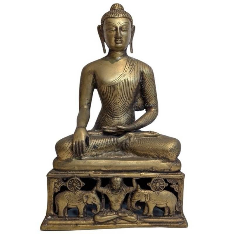 Bronzen Shakyamuni Boeddha met olifantenbasis - 063, Gebruikt, 38 cm, Ophalen of Verzenden, Goud