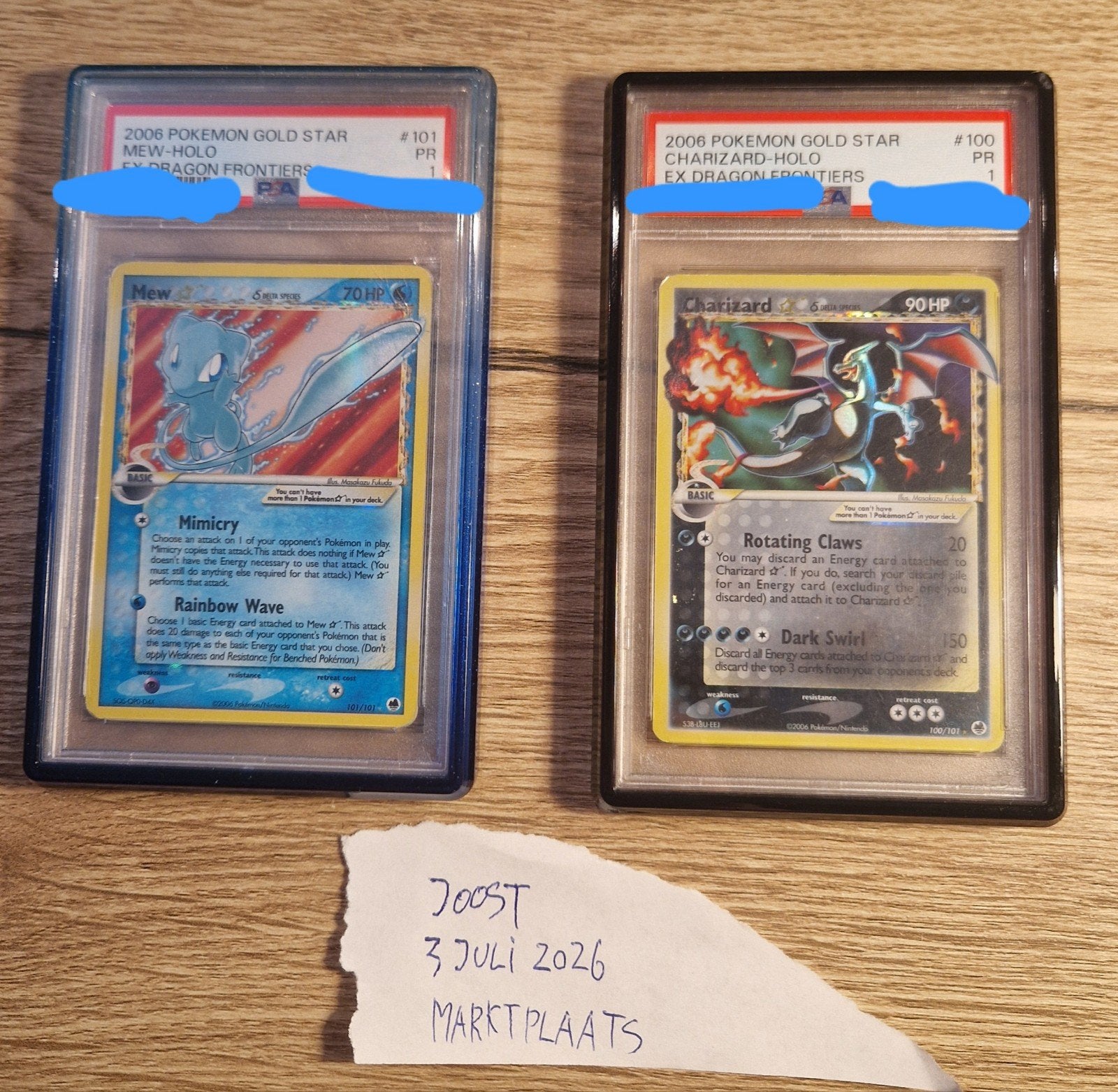 Pokemon Dragon Frontiers gold star set Mew en Charizard PSA1, Ophalen, Gebruikt, Losse kaart, Foil