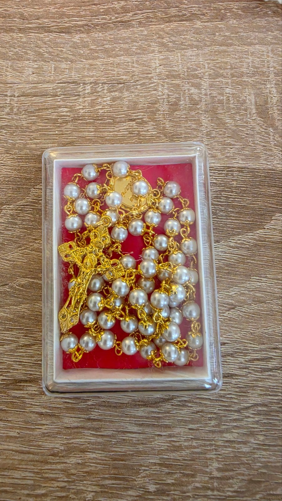 Gouden Rozenkrans met Witte Parelketting en Kruisje, Ophalen of Verzenden, Nieuw, Goud, Overige materialen