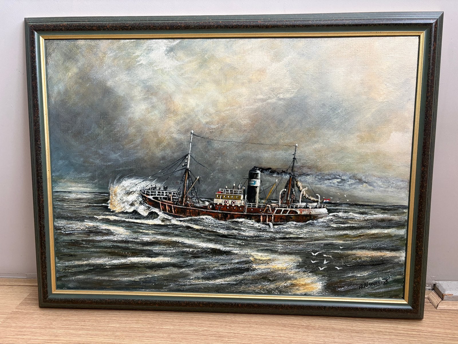 Zeeschilderij olieverf van de IJmuiden 27, Ophalen, Maritiem / water, Doek, Gesigneerd