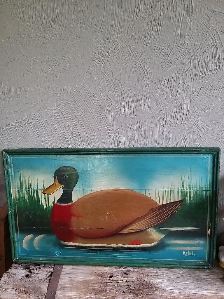 mooie oude houten schilderij met eend, Ophalen of Verzenden