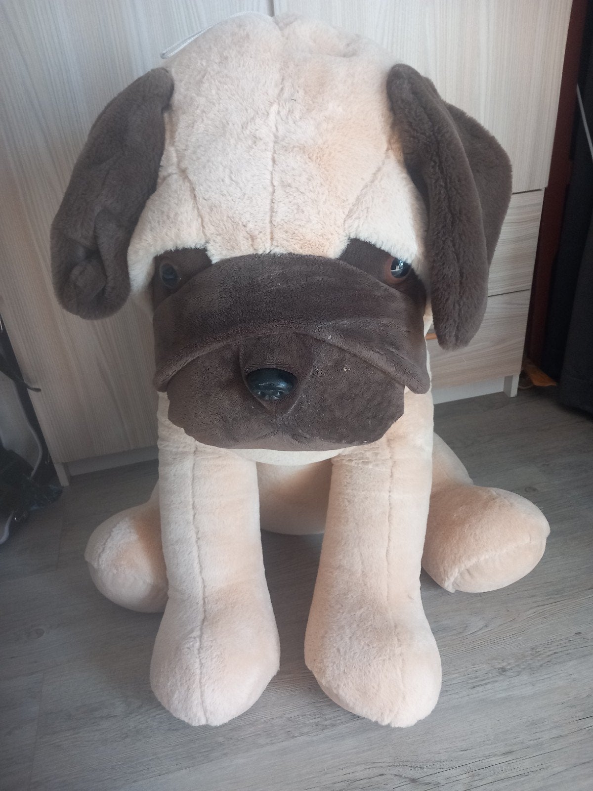 Grote knuffel mopshond - ca. 85 cm hoog, Ophalen, Hond, Zo goed als nieuw, Beige