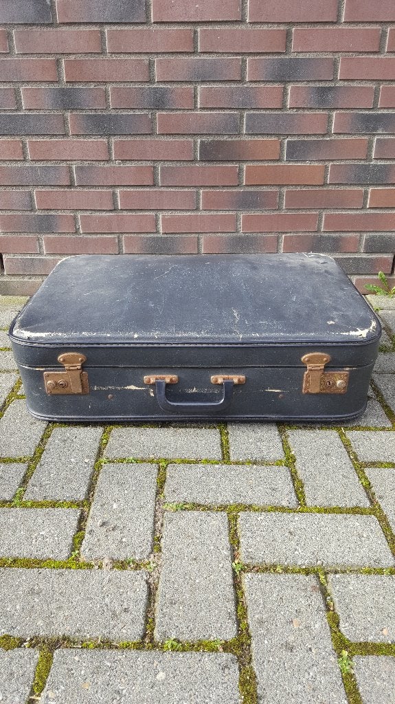 Brocante antieke koffer, blauw leer, hout van binnen. S8, Sieraden, Tassen en Uiterlijk, Koffers, Tweedehands verkoop, Gebruikt