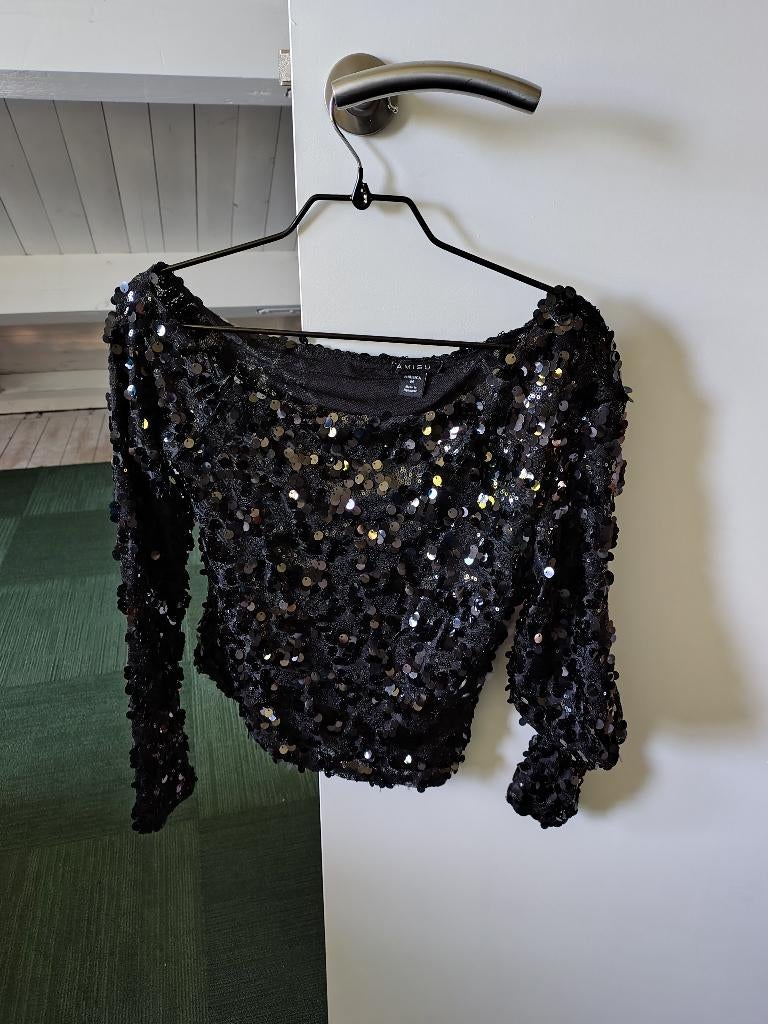 pailletten top off shoulder lange mouw, Maat 38/40 (M), Zwart, Ophalen of Verzenden, Lange mouw