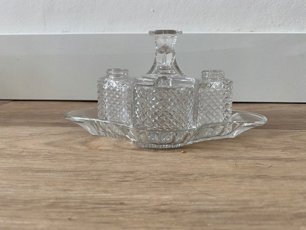 olie/azijn en peper/ zout set van glas, Huis en Inrichting, Keuken | Servies, Gebruikt, Overige typen, Ophalen of Verzenden, Glas