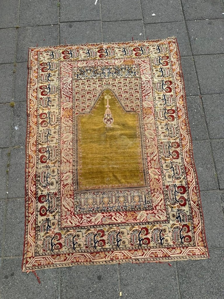 Antiek Gördes zijden gebedstapijt – uniek Turks 185 x 133 cm, Wol, Ophalen of Verzenden, Zo goed als nieuw, NA
