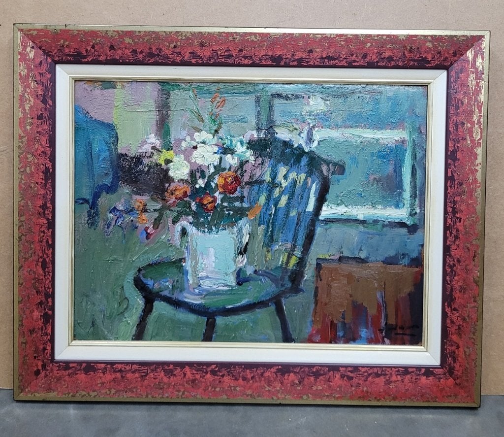 Juul DE CORT, interieur met bloemen, Antiek en Kunst, Kunst | Schilderijen | Klassiek, Paneel, Stilleven, Ophalen of Verzenden