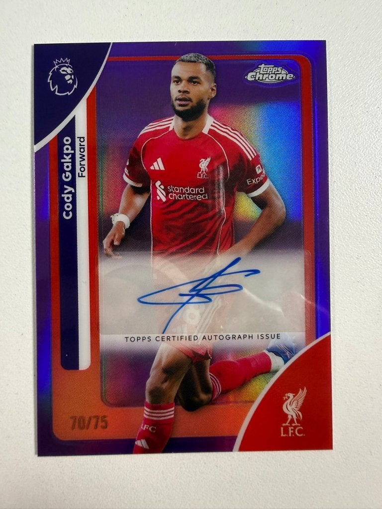 Cody Gakpo /75 Purple Auto Topps Chrome Premier League 2026, Ophalen of Verzenden, Nieuw, Buitenlandse clubs, Poster, Plaatje of Sticker