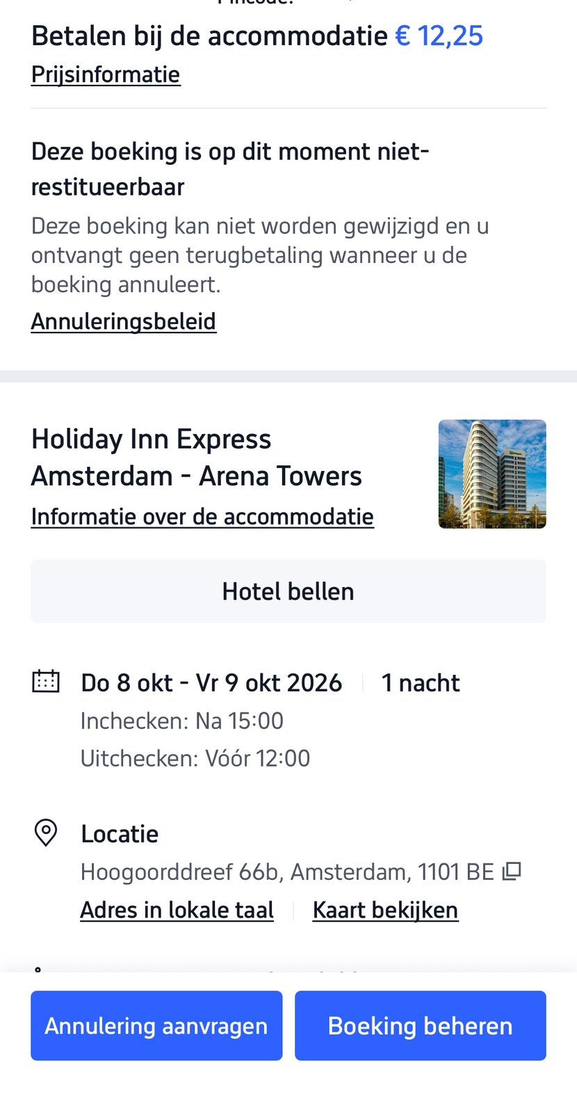 Hotel overnachting 8 oktober Holiday Inn Express Arena, Tickets en Kaartjes, Twee personen, Overige soorten