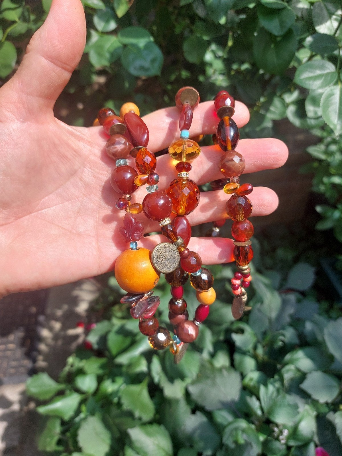 Lange ketting van Exoal met diverse kralen en pailletten, Met kristal, Overige materialen, Gebruikt, Overige kleuren
