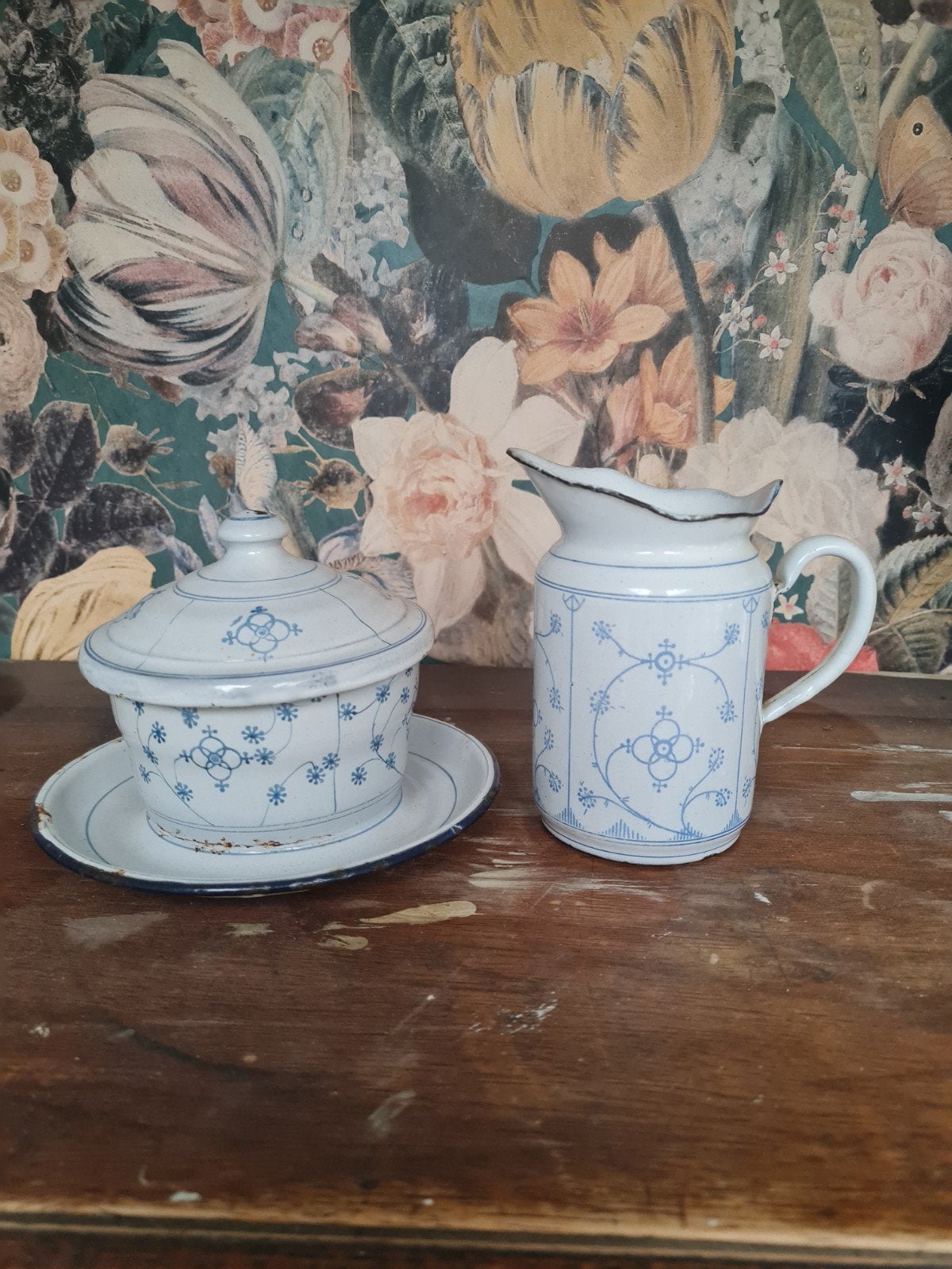 Vintage emaille botervloot en melkkannetje, Ophalen of Verzenden