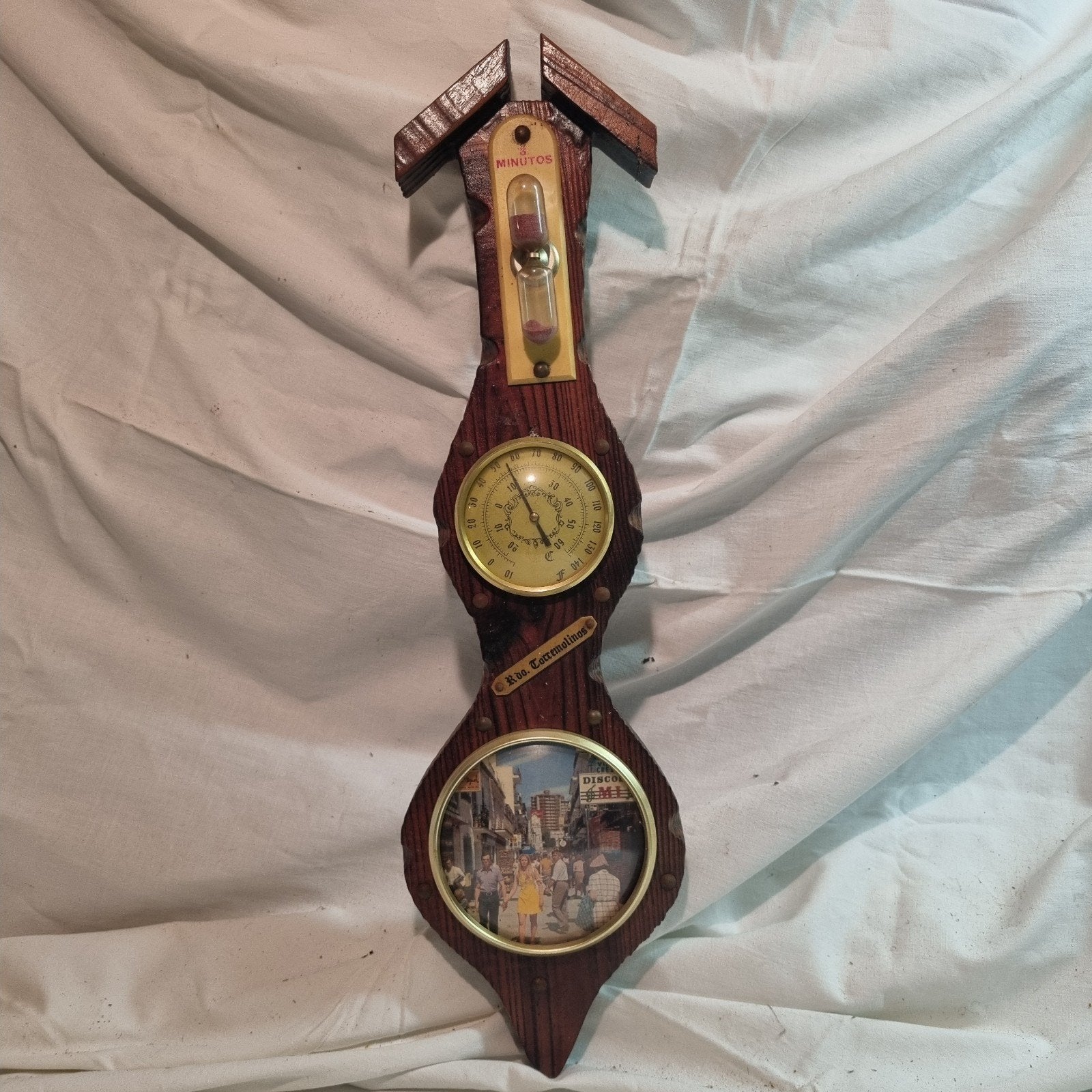 Vintage houten weerstation met zandloper en thermometer, Ophalen of Verzenden