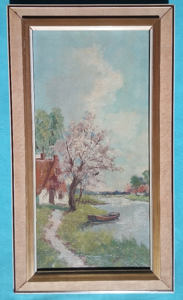 SCHILDERIJ 1930s BLOESEM KANAAL BOERDERIJ BOOT GESIGNEERD, Verzenden