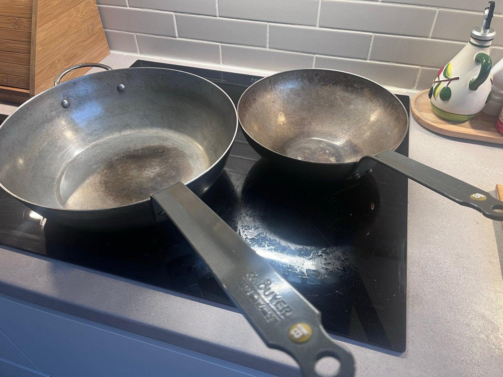 De Buyer stalen pannen set - 32cm koekenpan & 24cm wok, Ophalen, Overige materialen, Gebruikt, De Buyer