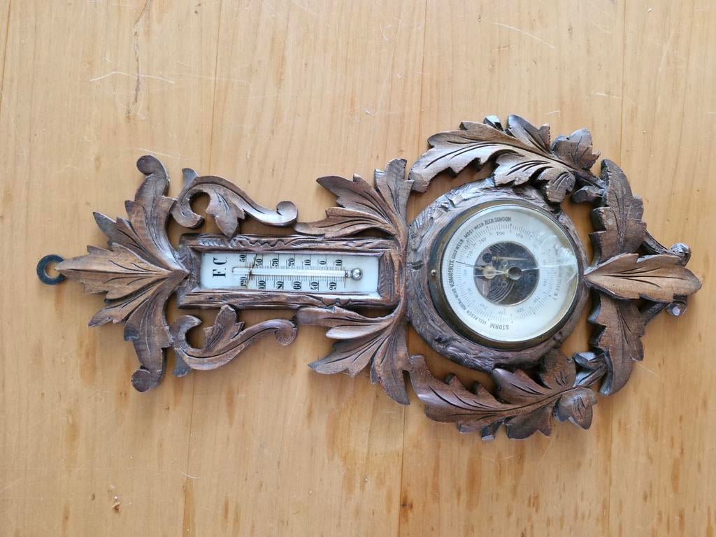 Antieke barometer + thermometer in houten omlijsting, Ophalen of Verzenden, Gebruikt