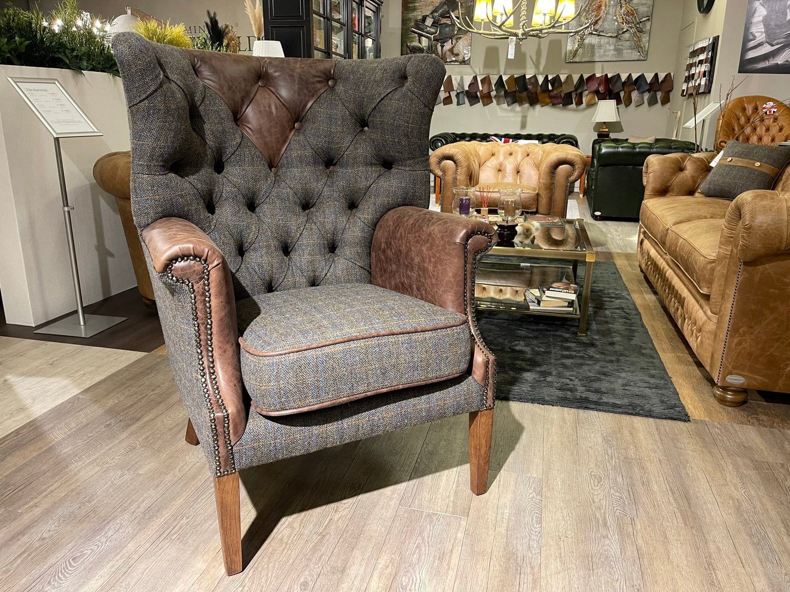 OXFORD chesterfield fauteuil Harris Tweed stof Vintage leer, Huis en Inrichting, Ophalen of Verzenden, Nieuw, 75 tot 100 cm, Stof