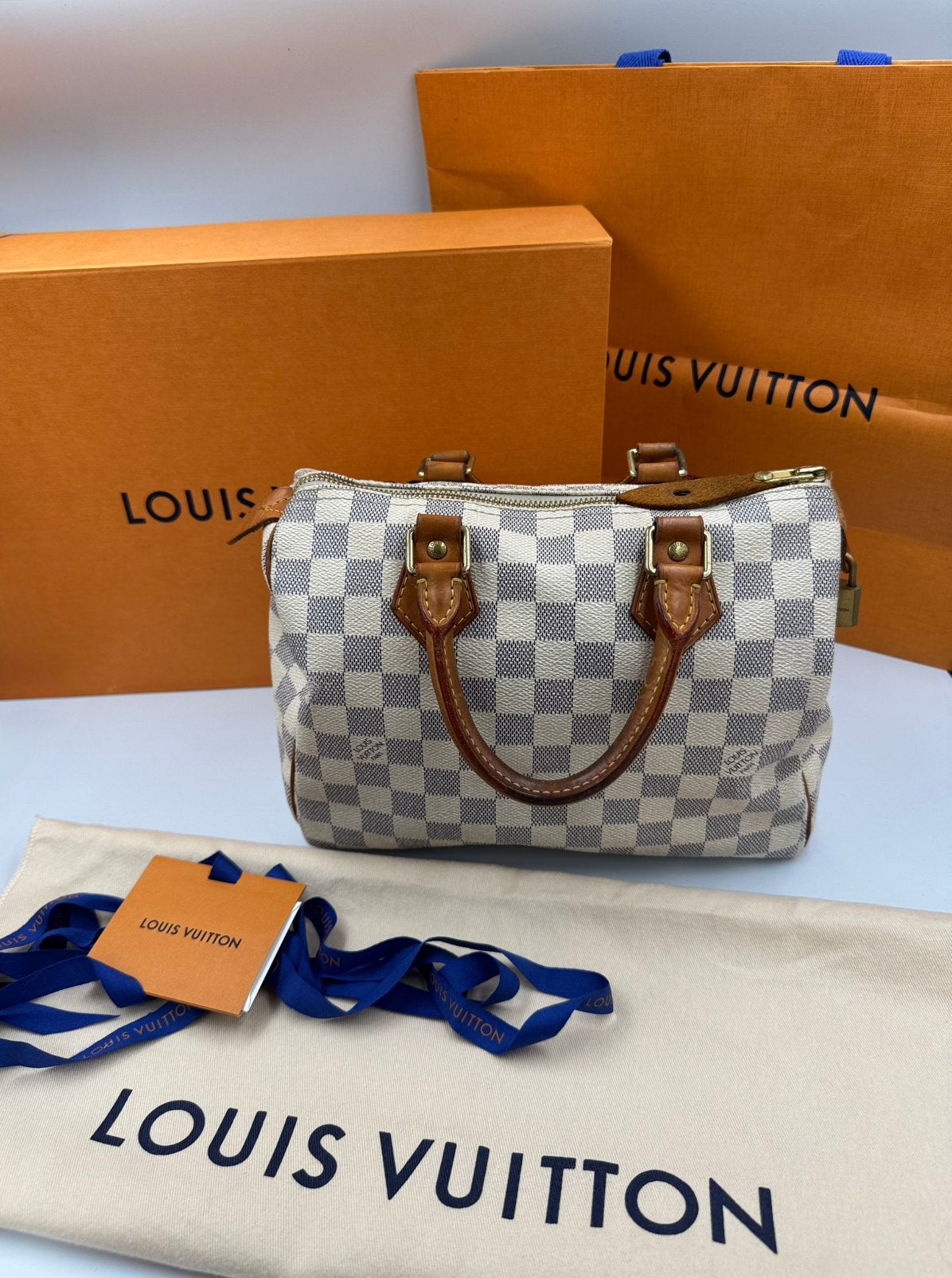 Louis Vuitton Speedy 25 - Damier Azur, Ophalen of Verzenden, Zo goed als nieuw, Bruin, Handtas
